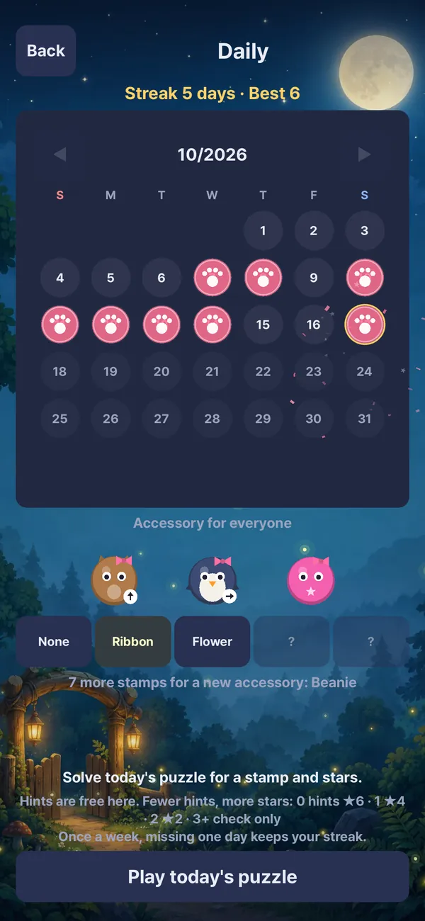 Daily Challenge: Everyone gets the same puzzle each day, and a stamp for solving it