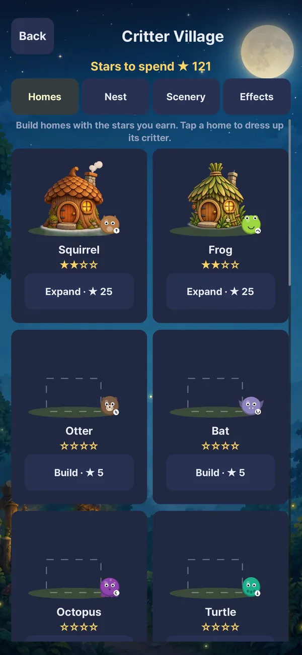 Village: Spend stars to build and grow homes, and unlock outfits